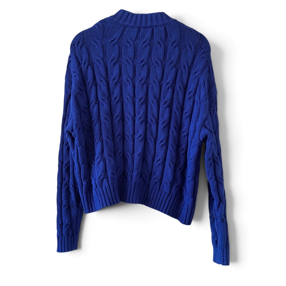 Royal Blue Cable Knit Quarter Zip Sweater Mock Neck XL Preppy Academia Cotton - Picture 2 of 8
